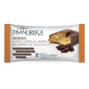 Tisanoreica merenda al gusto vaniglia e limone ricoperta di cioccolato